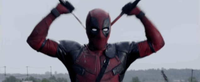 Deadpool pulling out some weapons. (Played by Canadian Ryan Reynolds)
