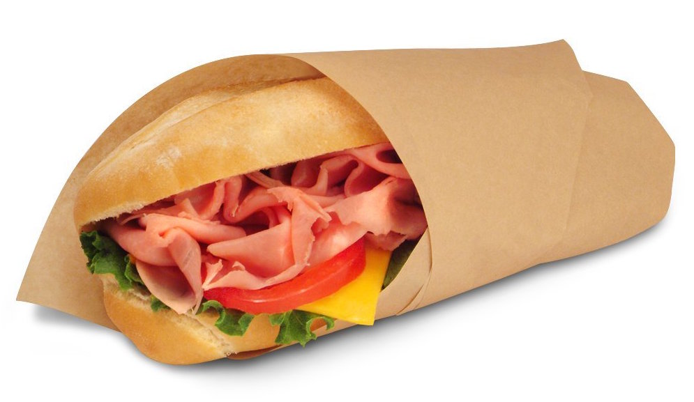 A sandwich wrapped in paper.