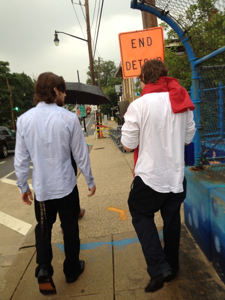 Walking down the street.