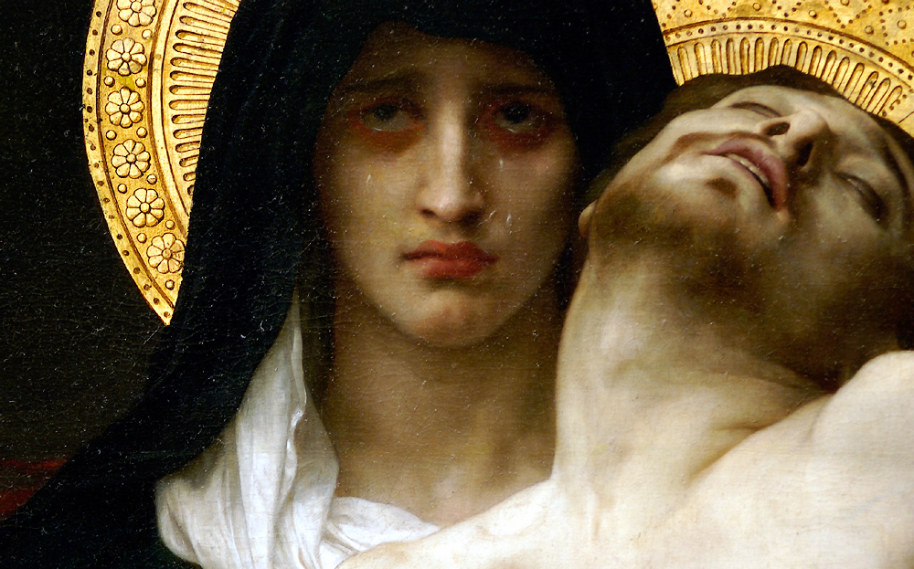 Detail from William-Adolphe Bouguereau, Pietà, 1876, Dallas Museum of Fine Arts. Mary is so sad. She lost her son.