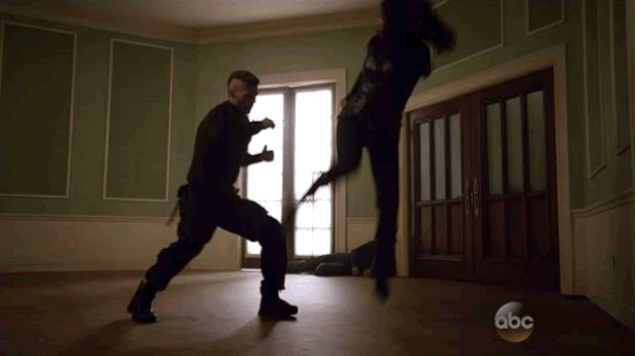 Agent (of S.H.I.E.L.D.) Melinda May uses her mad fighting skills to kick a bad guy. She's not hurt. She's boss.