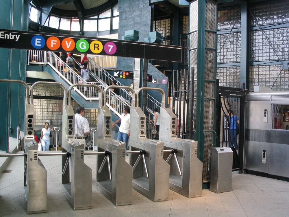 Turnstiles at New York subway stop at 74th station and Roosevelt.