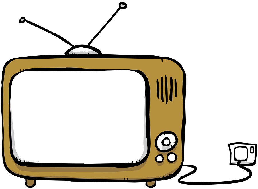 Cartoony drawing of a TV with an antenna and a clicker. So old skool.