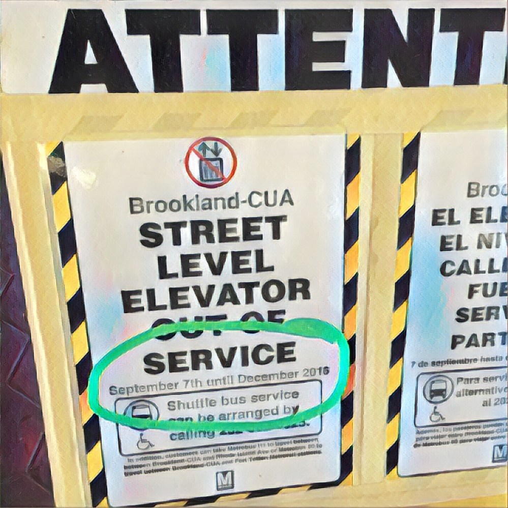 Sign at the metro station telling people who need an elevator to call some body to get them a shuttle bus. But not from this station. MAD!