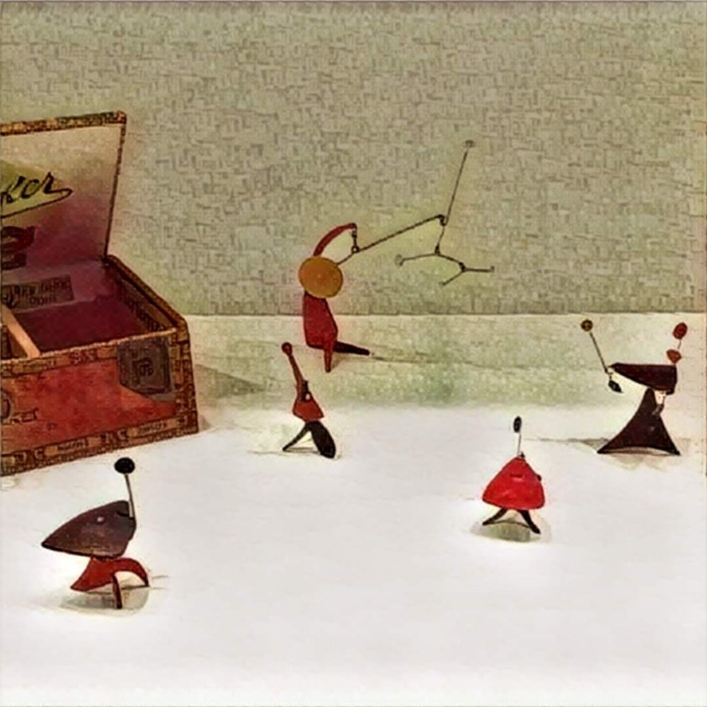 Mini mobile characters by Alexander Calder. He made this small figures for his wife and gifted them in a wooden box. There is an amazing exhibit at the National Gallery in DC. You should go see it.