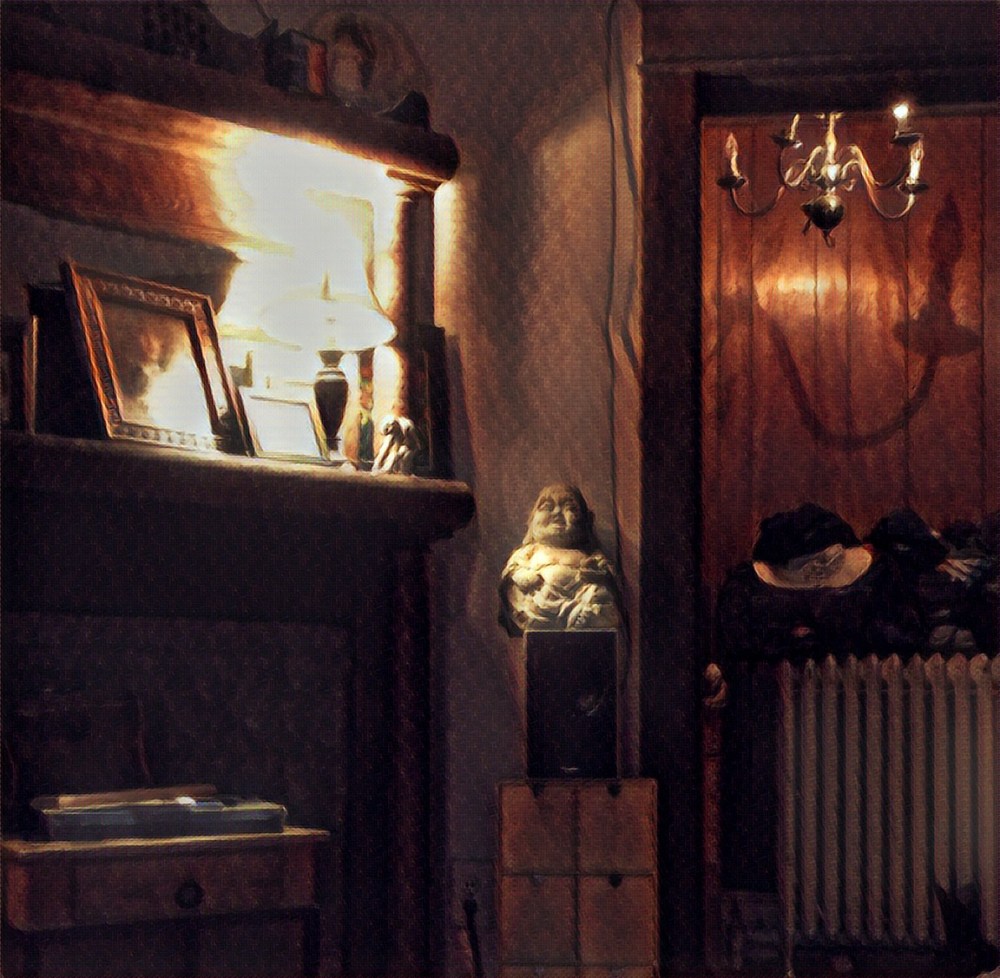 The fireplace and hallway. See the peaceful Buddha