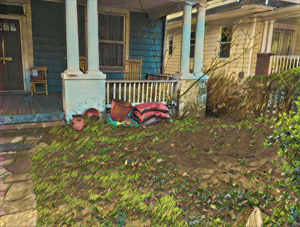 The front yard and front porch. Stylized. 