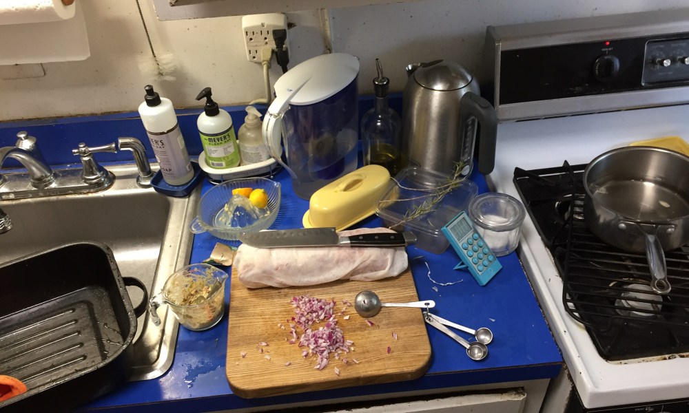 The sum total time f my counter space with tonight's dinner prep all over it. It is literally a 24 square inch patch. 