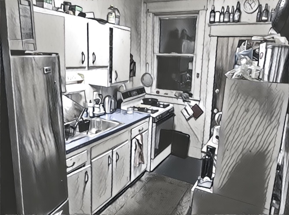 The kitchen, sketched out in its inglorious glory. 