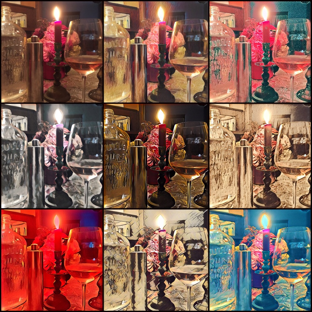 A collage of the same flowers candle and wine glass with a variety of filters. 