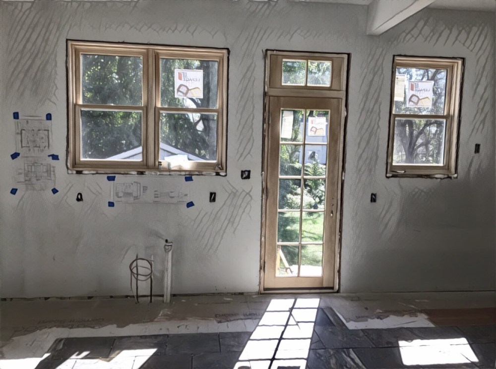 A stylized image of my new kitchen wall. Lots of windows. Lots of light.